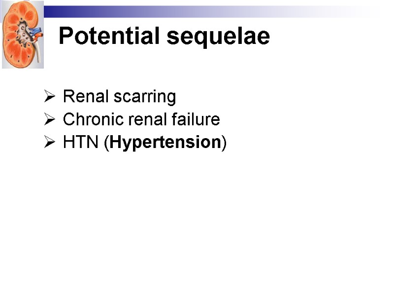 Potential sequelae  Renal scarring Chronic renal failure HTN (Hypertension)